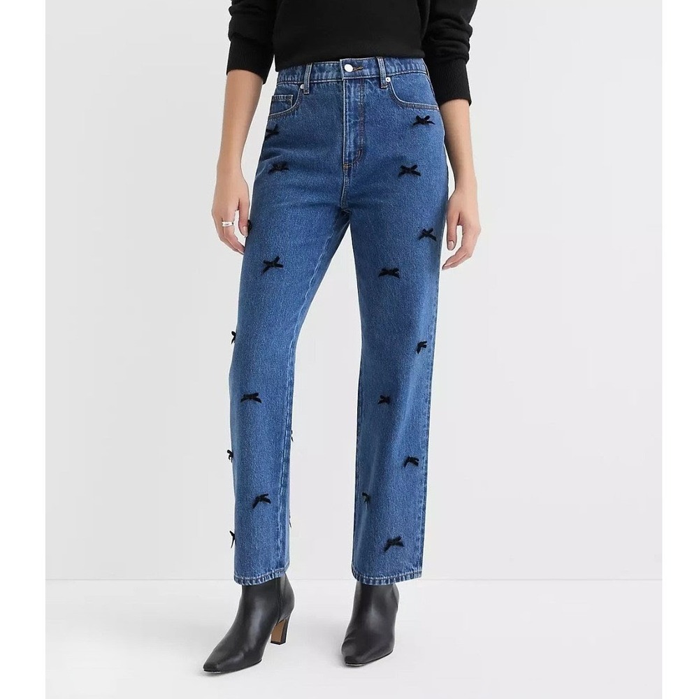 LOFT The Straight Jeans Women‎ 26 2 Velvet Bow Embellished High Rise Denim